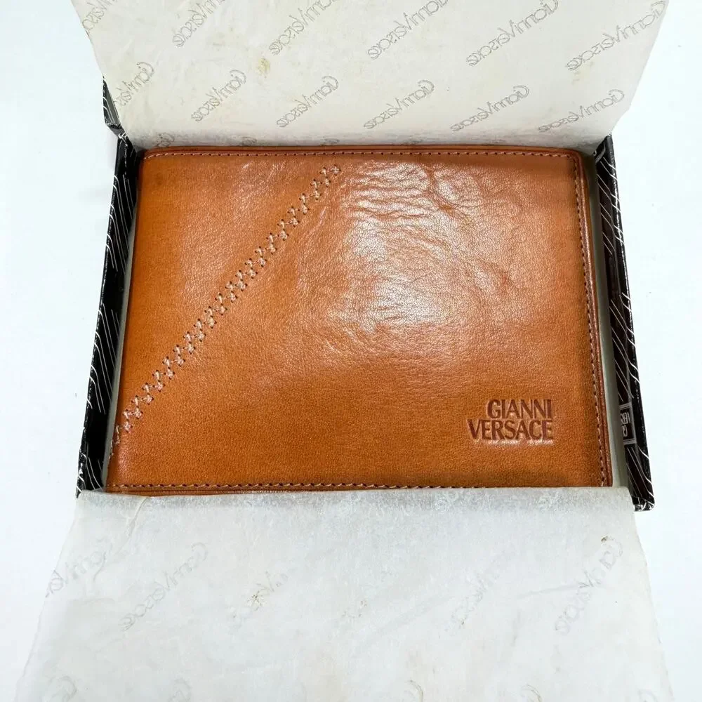 Gianni Versace Vintage 1990's Lt Brown/Cognac Leather Wallet Boxed Authentic NOS